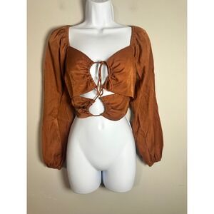 Idem Ditto Womens Rust Orange Cutout Tie Front Puff Sleeve Crop Top Smocked S